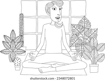 A woman meditating or doing yoga or Pilates. An illustration in an original abstract cubist flat modern cartoon style.