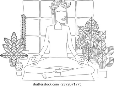 A woman meditating or doing yoga or Pilates. An illustration in an original abstract cubist flat modern cartoon style.