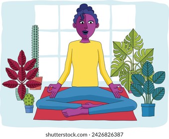 A woman meditating or doing yoga or Pilates. An illustration in an original abstract cubist flat modern cartoon style.