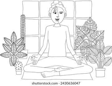 A woman meditating or doing yoga or Pilates. An illustration in an original abstract cubist flat modern cartoon style.