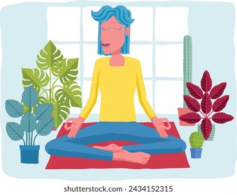 A woman meditating or doing yoga or Pilates. An illustration in an original abstract cubist flat modern cartoon style.