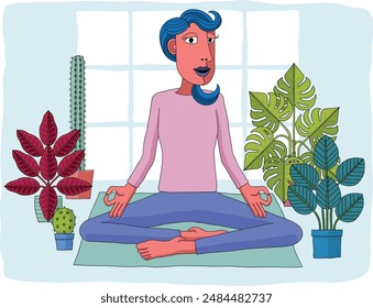 A woman meditating or doing yoga or Pilates. An illustration in an original abstract cubist flat modern cartoon style.