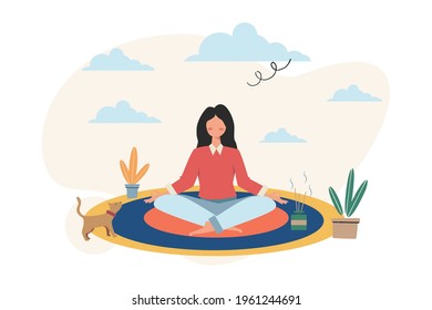 Woman Meditating during work break concept, health benefits of body, mind and emotions, thought process