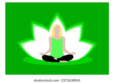 Woman meditating and exercising yoga lotus position body silhouette. Let's meditate. Healthy lifestyle, peace, wellbeing, relaxation, health, yoga, lotus, meditation. Vector illustrations.