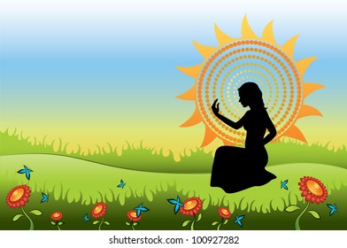 woman meditating in the flower nature
