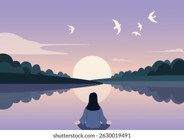A woman meditating in front of a lake with the sun setting in front of her. Mindfulness Practice, Stress management, Mental Health and Emotional healing.