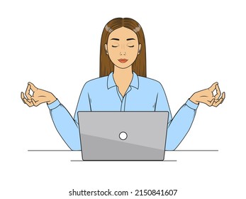 Woman meditating in front of a laptop in office clothes with her eyes closed. Vector illustration in comic style isolated on white background