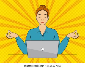 Woman meditating in front of a laptop in office clothes with her eyes closed. Vector vintage illustration in pop art style