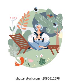 Woman meditating in green summer nature garden vector illustration. Cartoon girl sitting on lounge in lotus position, peaceful landscape with trees, squirrel and birds around. Harmony of life concept