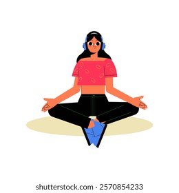 Woman Meditating With Headphones In Flat Vector Illustration Symbolizing Relaxation, Mindfulness, And Mental Health, Isolated On White Background.