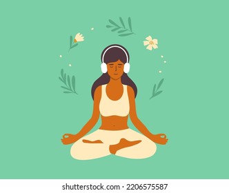 Woman meditating in headphones. Young female sitting lotus pose listening audio meditation. Music for relax. Mental health, self care, zen yoga, leisure vector illustration. Harmony, balance concept