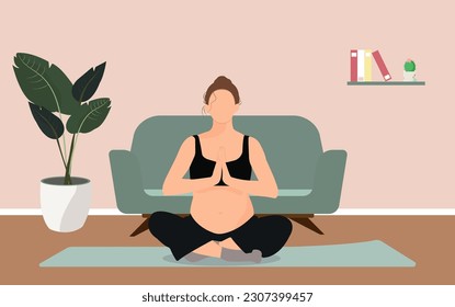 woman meditating in her cozy room. Vector illustration in flat cartoon style. Concept of pregnancy, health care, relaxation and prenatal yoga