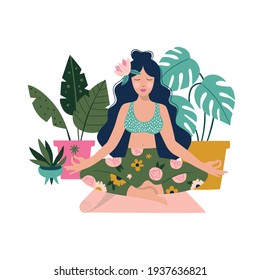 Mujer meditando en casa alrededor de las plantas de la casa. Ilustración conceptual para el yoga, la meditación, la relajación, la recreación, el estilo de vida saludable. Ilustración vectorial en estilo de dibujos animados planos