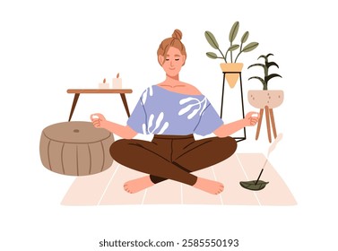 Woman meditating at home. Calm girl in yoga pose with crossed legs, practicing mindfulness and peaceful relaxation. Relaxing meditation. Flat vector illustration isolated on white background