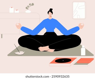 Woman meditating at home. Calm girl in yoga pose with crossed legs, practicing mindfulness and peaceful relaxation. Relaxing meditation. Flat vector illustration isolated on white background