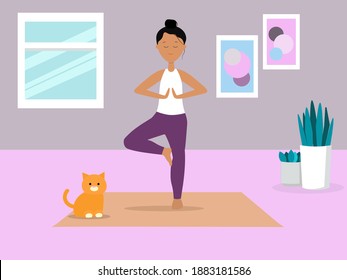 Woman meditating in home. Concept illustration for yoga, meditation, relax, recreation, healthy lifestyle. Vector illustration in flat cartoon style