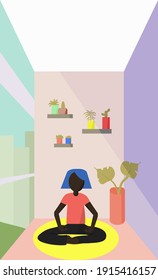 Woman meditating at home. Concept illustration for yoga, meditation, relax, recreation, healthy lifestyle. Vector illustration in flat cartoon style