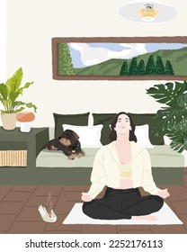 A woman is meditating at home - a concept illustration of healthy life