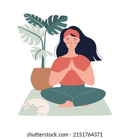 Woman meditating at home with house plant nearby. Concept illustration for yoga, meditation, relax, recreation, healthy lifestyle. Vector illustration in flat style