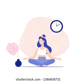 Woman meditating at home. Meditation pose. Vector flat vector illustration.