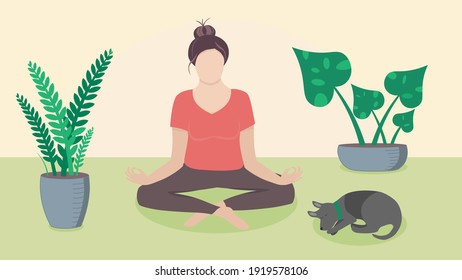 Woman meditating at home on the floor with plants and sleeping dog, made in vector flat cartoon style. Concept illustration for yoga, meditation, relax, recreation, healthy lifestyle. 