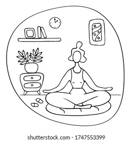 Woman meditating at home. Woman in yoga pose, lotus position. Fitness at home, home workout. Vector doodle illustration