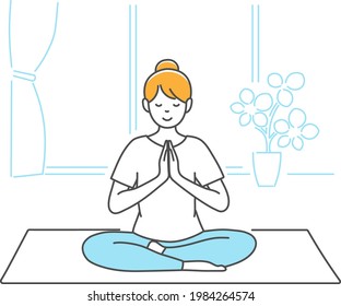 A woman meditating at home.Vector data that is easy to edit.