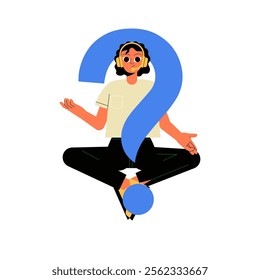 Woman Meditating Inside Blue Question Mark In Flat Vector Illustration Symbolizing Focus, Mindfulness, And Relaxation, Isolated On White Background.