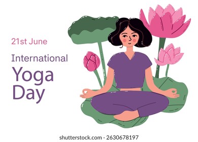 Woman Meditating for International Yoga Day Against Floral Background. Colorful artistic depiction of a woman meditating amidst serene nature, featuring lotus flowers and green foliage, emphasizing 