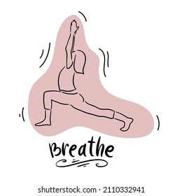 Woman meditating line art with lettering. Concept illustration for yoga, meditation, relax, recreation, healthy lifestyle. Vector illustration in line art style