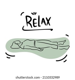 Woman meditating line art with lettering. Concept illustration for yoga, meditation, relax, recreation, healthy lifestyle. Vector illustration in line art style