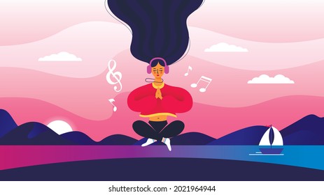 Woman is meditating and listening music. Nature scene on a background