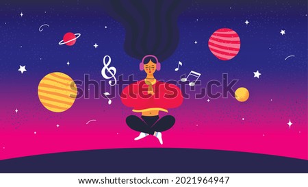 Woman is meditating and listening music. Space scene on a background