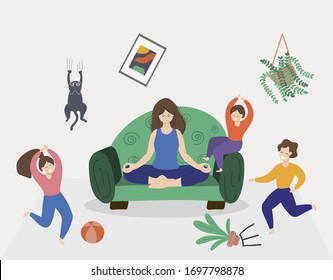 Woman meditating in lotus pose. Calm mom and naughty mischievous children running around her. Hand drawn vector illustration in flat cartoon style.