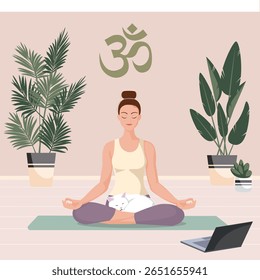 Woman meditating in lotus pose with cat on lap, indoor yoga room with plants, laptop, and Om symbol. Flat vector for wellness, mindfulness, and online yoga classes.