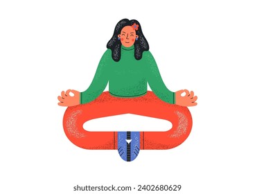 Woman meditating in lotus pose. Cute yoga, mindfulness, relax, calm, breathing exercises. Person caring herself