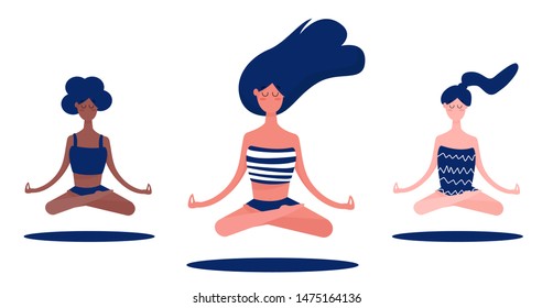 Woman meditating in lotus pose. Girls of different races levitate. Vector illustration on white backgroung.