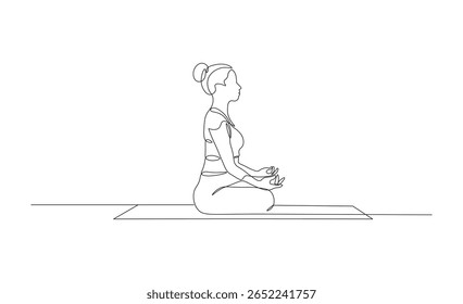 Mulher Meditando em Lotus Pose com Gyan Mudra. Ilustração de Fechamento de Arte de Linha Contínua