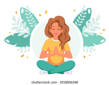 Woman meditating in lotus pose. Healthy lifestyle, yoga, wellbeing, relax. Vector illustration