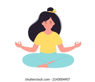 Woman meditating in lotus pose. Healthy lifestyle, yoga, relax, breathing exercise. World yoga day. Hand drawn vector illustration