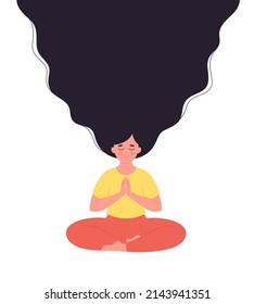 La mujer meditando en la posada del loto. Estilo de vida saludable, yoga, relajación, ejercicio de respiración. Día mundial del yoga. Ilustración vectorial dibujada por mano