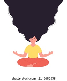 Woman meditating in lotus pose. Healthy lifestyle, yoga, relax, breathing exercise. World yoga day. Hand drawn vector illustration