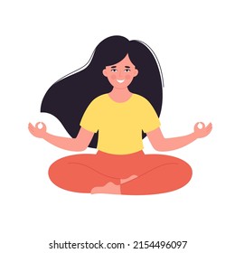 Woman meditating in lotus pose. Healthy lifestyle, yoga, relax, breathing exercise. World yoga day. Hand drawn vector illustration