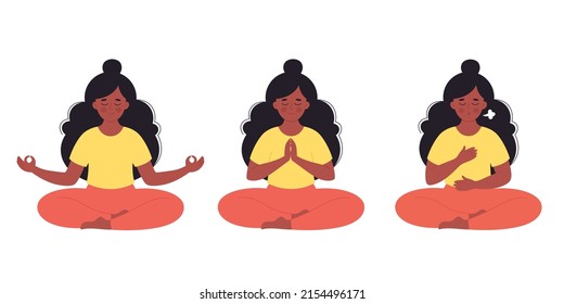 woman meditating in lotus pose. Healthy lifestyle, yoga, breathing exercise. World yoga day. Hand drawn vector illustration