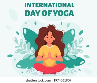 Woman meditating in lotus pose. International day of yoga. Vector illustration