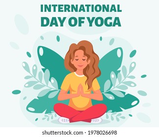 Woman meditating in lotus pose. International day of yoga. Vector illustration