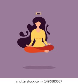 Woman meditating in lotus pose and levitates over the floor. Concept of tired woman with uncharged battery.