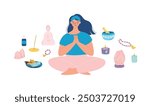 Woman meditating in lotus pose and meditation altar elements near her. Happy woman in balance doing yoga. Meditation shrine. Feng shui flat style vector illustration