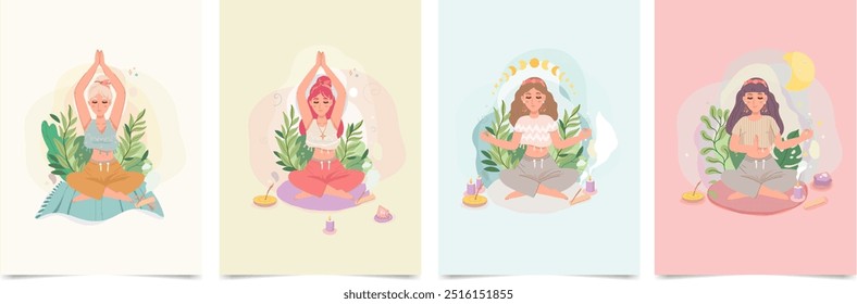 Woman meditating in lotus pose and meditation altar elements near her. Happy woman in balance doing yoga. Yoga Banners