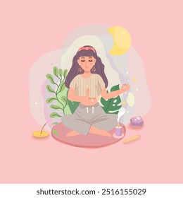 Woman meditating in lotus pose and meditation altar elements near her. Happy woman in balance doing yoga.Flat cartoon style on isolated pink background.